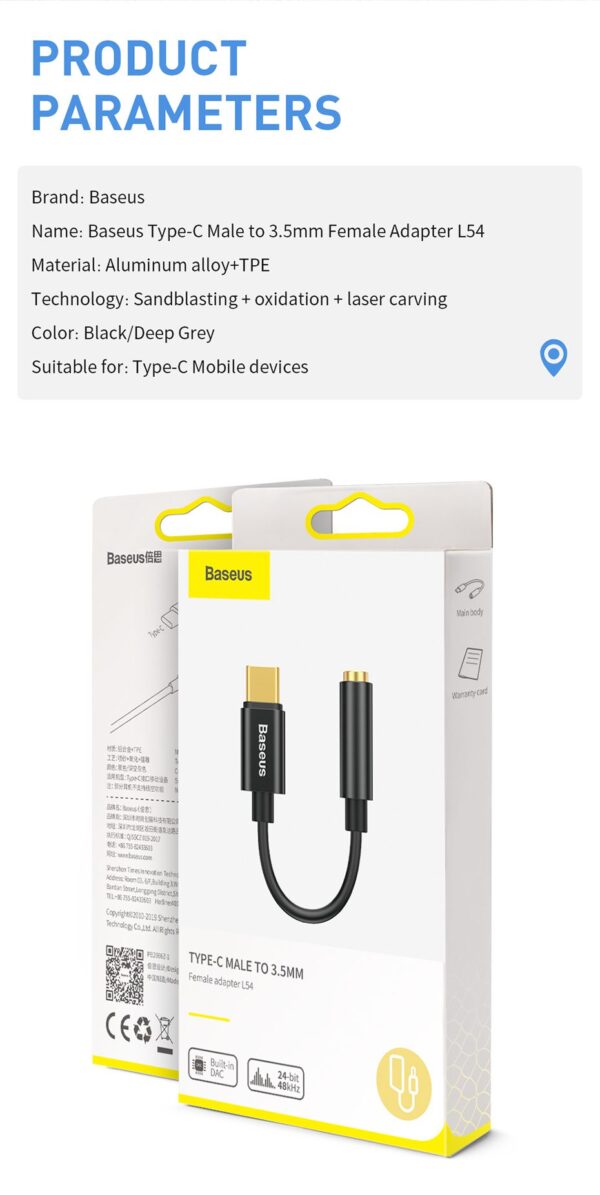 Baseus Adaptateur L54 USB-C vers jack audio 3,5 mm noir (CATL54-01)