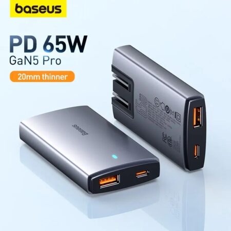 Baseus GaN5 chargeur secteur, 65W, 1x port USB-C, 1XUSB-A (compatible ordinateur portable)