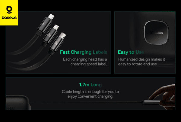 Baseus Traction Series Câble de charge rapide rétractable 3-en-1 Organiseur de bureau Type-C vers M+L+C 100W 1,7 m Noir CAQY000001
