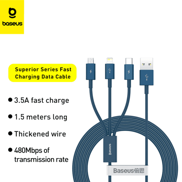 Baseus câble 3en1  pour recharge rapide bleu CAMLTYS-03