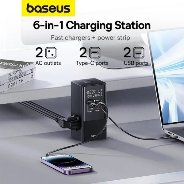 Baseus Multiprise 6 Ports 1,5m PowerCombo 2AC+2U+2C+Rétractable-C100W Pour Ordinateur Portable