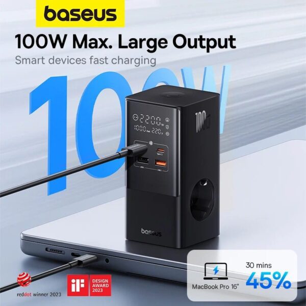 Baseus Multiprise 6 Ports 1,5m PowerCombo 2AC+2U+2C+Rétractable-C100W Pour Ordinateur Portable