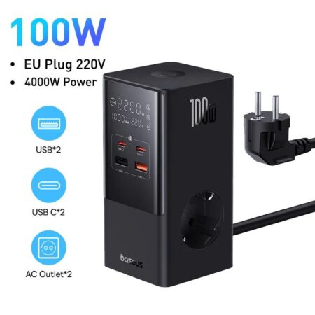 Baseus Multiprise 6 Ports 1,5m PowerCombo 2AC+2U+2C+Rétractable-C100W Pour Ordinateur Portable