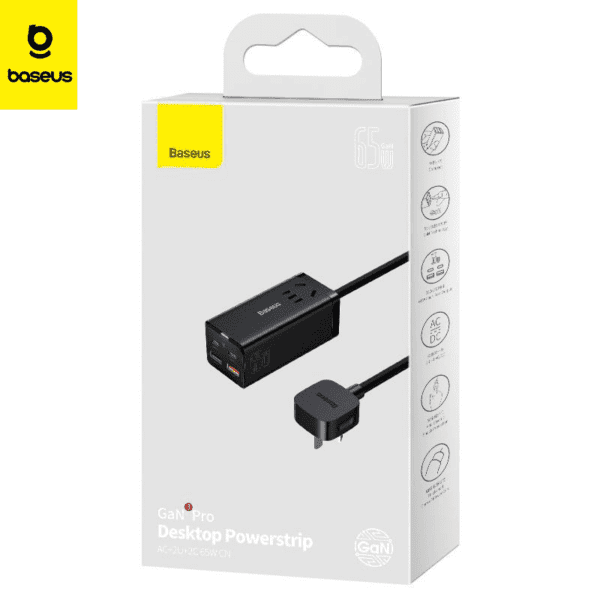 Chargeur GaN3 Pro bureau AC+2U+2C 65W CN Noir Baseus (PSZM000001)