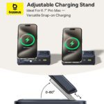 Station de charge 5 en 1 Baseus Nomos 140 W, chargeur sans fil magnétique certifié Qi2 15 W avec câble rétractable 100 W, chargeur ordinateur de bureau USB C