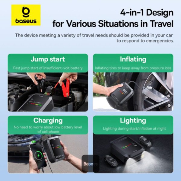 Baseus Primetrip Super Energy 4-en-1 – Booster de batterie voiture 1200A avec compresseur, power bank et lampe