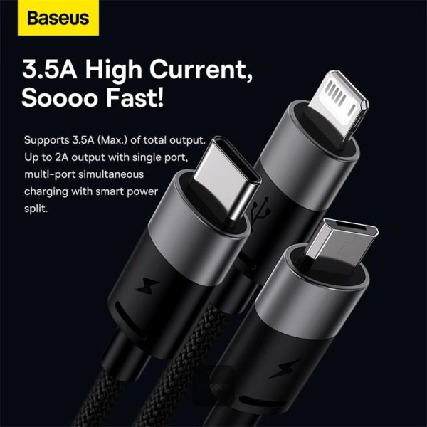 Câble 3-en-1 Baseus Starspeed Series USB vers USB-C, Micro-USB et Lightning – 3.5A – 1.2m