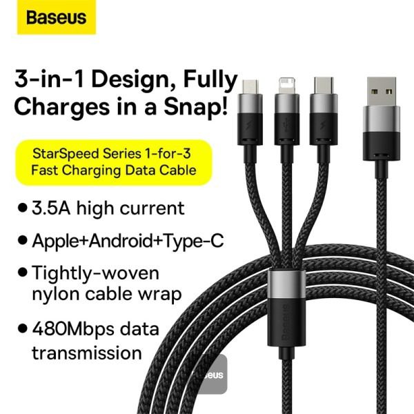 Câble 3-en-1 Baseus Starspeed Series USB vers USB-C, Micro-USB et Lightning – 3.5A – 1.2m
