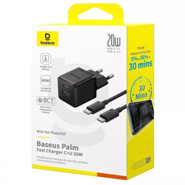 Chargeur Mural Baseus Palm 20W + Câble Type-C vers Type-C 60W (1m)