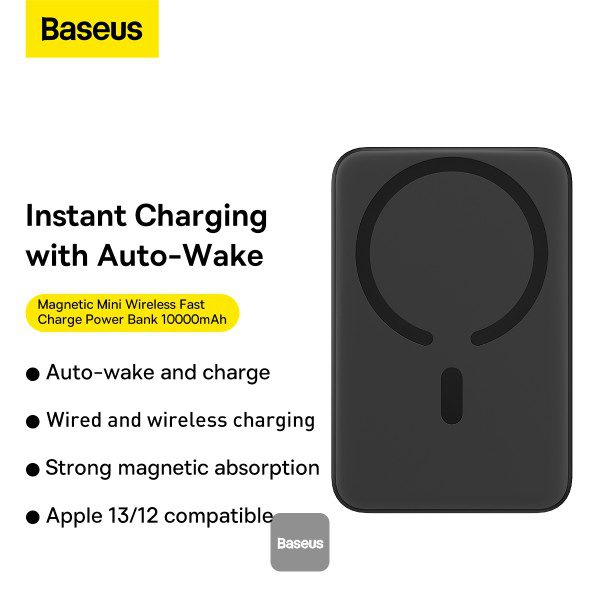Baseus Power Bank 10 000 mAh – Magnétique sans fil 20W – Charge rapide – Noir