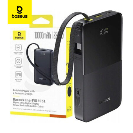 Powerbank Baseus EnerFill Bipow2 Pro 10 000 mAh – Batterie externe portable avec charge rapide USB-C PD 22,5 W – Câble intégré – Affichage LED – Approuvée avion – Noir FC51E0027600