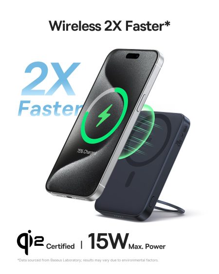 PowerBank Baseus Qi2 MagSafe,sans fil ultra-mince PicoGo 20 W ultra-rapide avec support à anneau rotatif à 360 °, 5000 mAh (Noir)