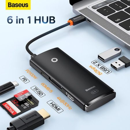 Hub Convertisseur 6in1 Lite Series WKQX080301, Baseus USB-C vers 2x USB 3.0 + HDMI + PD + TF/SD – noir