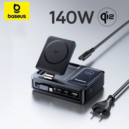 Station de charge 5 en 1 Baseus Nomos 140 W, chargeur sans fil magnétique certifié Qi2 15 W avec câble rétractable 100 W, chargeur ordinateur de bureau USB C P10178800123_00