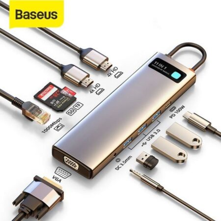 Hub USB-C Baseus 11 Ports Metal Gleam – Convertisseur Multiports HDMI RJ45 USB Charge Rapide | Abidjan Côte d’Ivoire