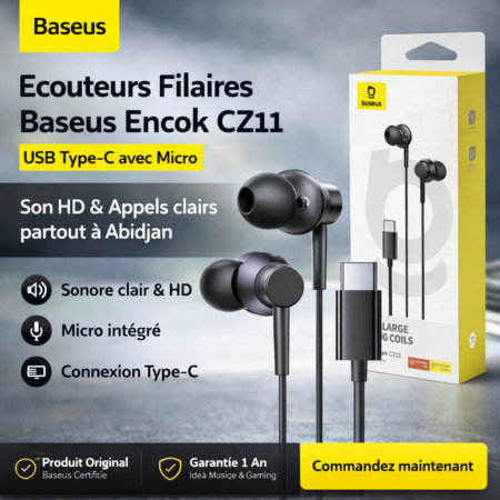 Écouteurs Filaires Baseus Encok CZ11 USB Type-C avec Micro – Son HD & Appels Clairs | Abidjan Côte d’Ivoire