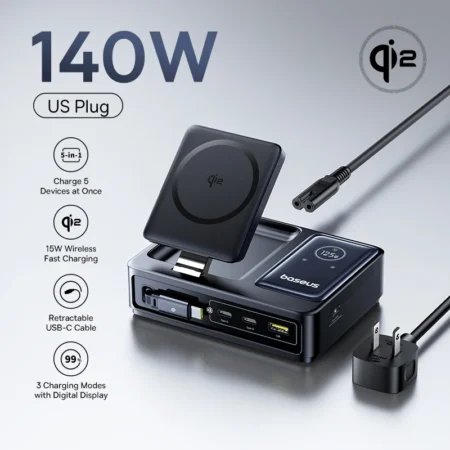 Station de Charge Baseus Nomos 5-en-1 140W Original – Chargeur Bureau USB-C + Sans Fil Qi2 15W | Disponible à Abidjan Livraison Rapide
