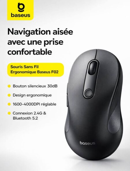 Souris Sans Fil Ergonomique Baseus F02 Bluetooth 5.2 + USB Silencieuse – Haute Précision | Abidjan Côte d’Ivoire