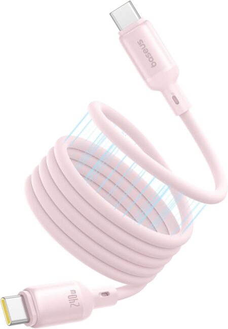 Câble magnétique Baseus PicoGo 240 W PD 5 A USB-C vers USB-C, 1 m, silicone liquide, transfert de données 480 Mbit/s, compatible MacBook, iPad, iPhone 16 Pro Max, Google Pixel 9 Pro – Rose
