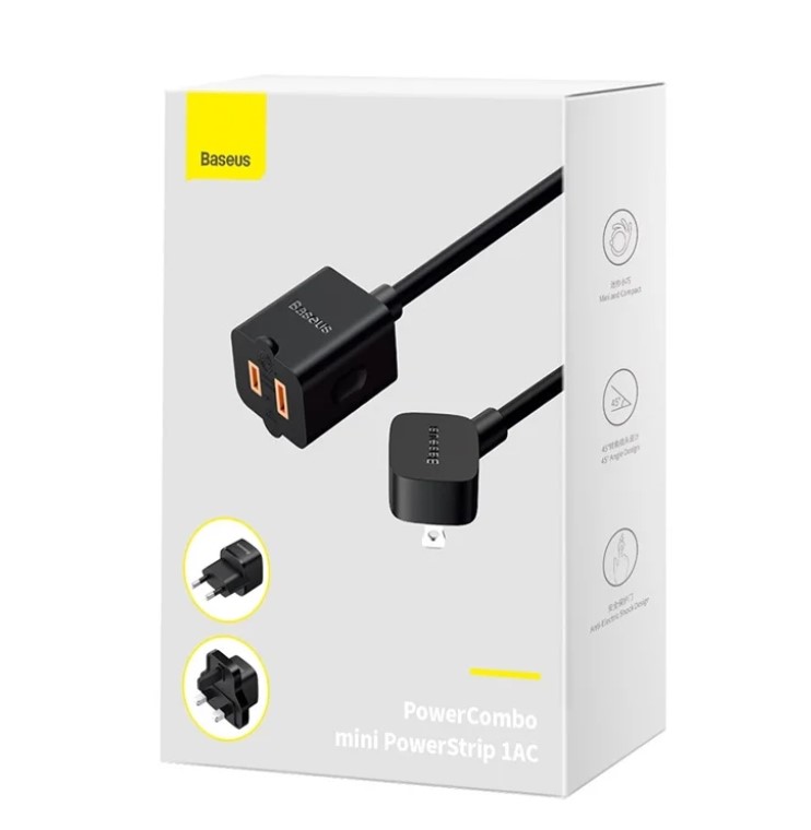 Multiprise Baseus PowerCombo Mini 1AC avec cordon d'alimentation de 1 m (adaptateurs de prise UE et Royaume-Uni inclus) – Image 9