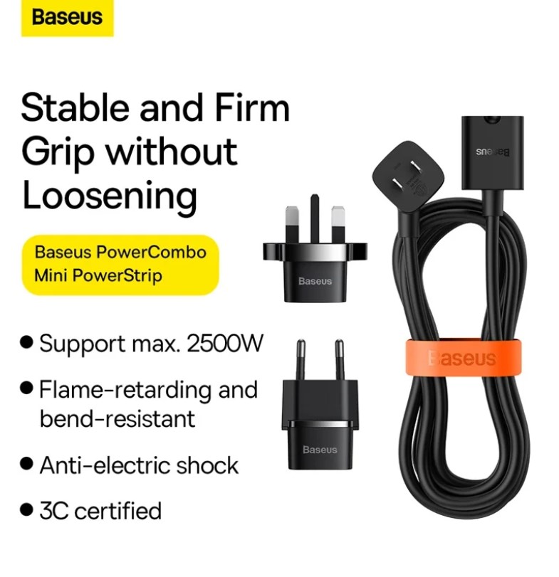 Multiprise Baseus PowerCombo Mini 1AC avec cordon d'alimentation de 1 m (adaptateurs de prise UE et Royaume-Uni inclus) – Image 2
